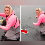 Mujer rompe capa de hielo para pescar y aparece un enorme animal mujer