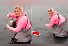 Mujer rompe capa de hielo para pescar y aparece un enorme animal mujer