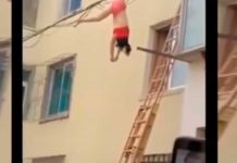 Video: Mujer termina colgada en cable de luz tras huir de la casa de su amante