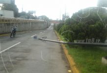 Poste cae por fuertes vientos en Managua