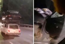 ‘Como sándwich’ auto circula por autopista rusa con otro vehículo encima rusia, autos, autopista, incidente,