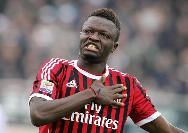 AC Milan's Sulley Muntari celebrates after scoring against Cesena during their Italian Serie A soccer match in Cesena