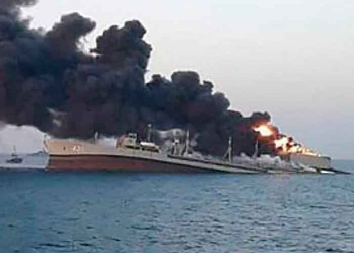 incendio iran, golfo de oman, incendio, buque militar, hundimiento, autoridades,