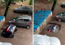 Escalofriante momento en que un vehículo es «tragado» por la tierra en la India india, socavon, auto, video, viral, insolito,