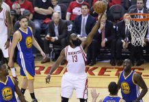Rockets ganan a Warriors con canasta tardía de Harden