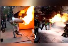 Bombero carga tanque de gas en llamas y evita explosión en un restaurante