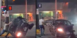 Como Hulk voltea su carro volcado tras sufrir accidente en México