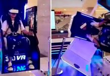 ¡Tremenda caída! Joven cae de un simulador de realidad virtual (Video) Joven cae de un simulador de realidad virtual