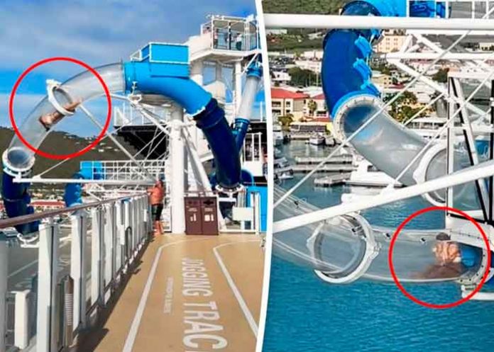 Vive aterrador momento al quedar atrapada en tobogán de Estados Unidos