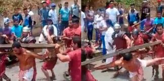 "Jesús" lanza patadas a sus azotadores durante viacrucis