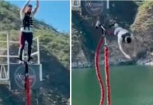 Por poco y no la cuenta: Cae al vacío al practicar bungee jumping Cae al vacío al practicar bungee jumping
