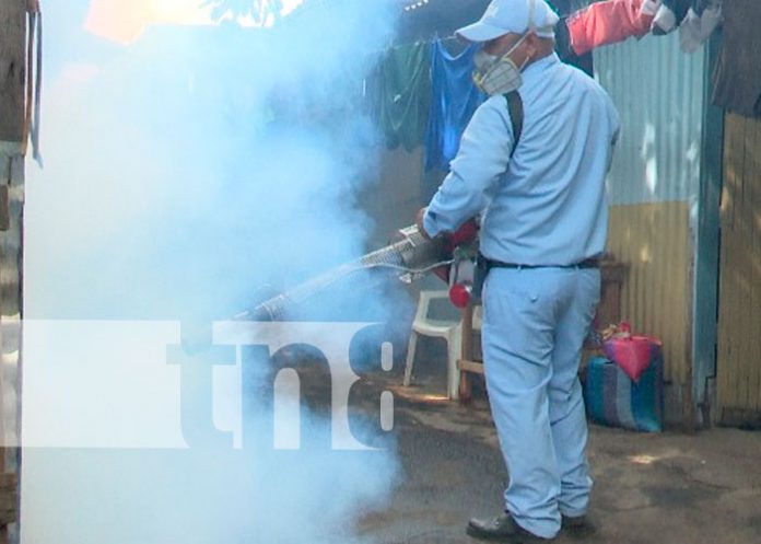 Brigadistas del MINSA que fumigan en Managua