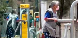 Captan a una anciana jugando en el gimnasio público