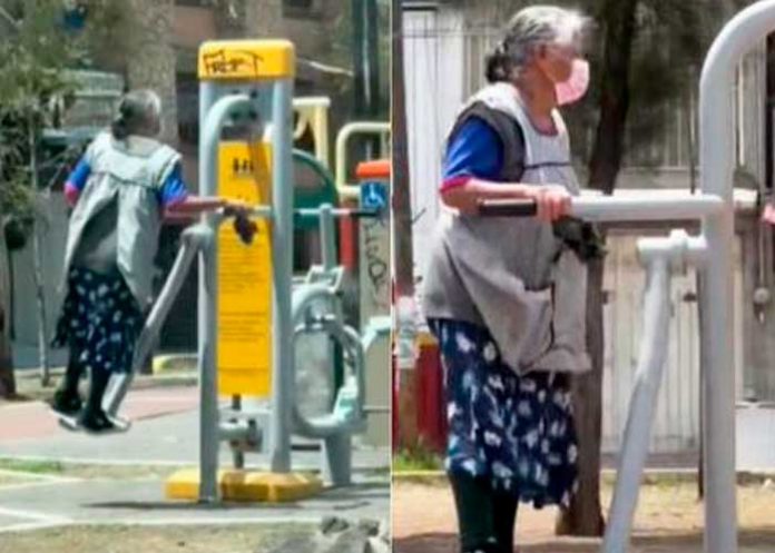 Captan a una anciana jugando en el gimnasio público