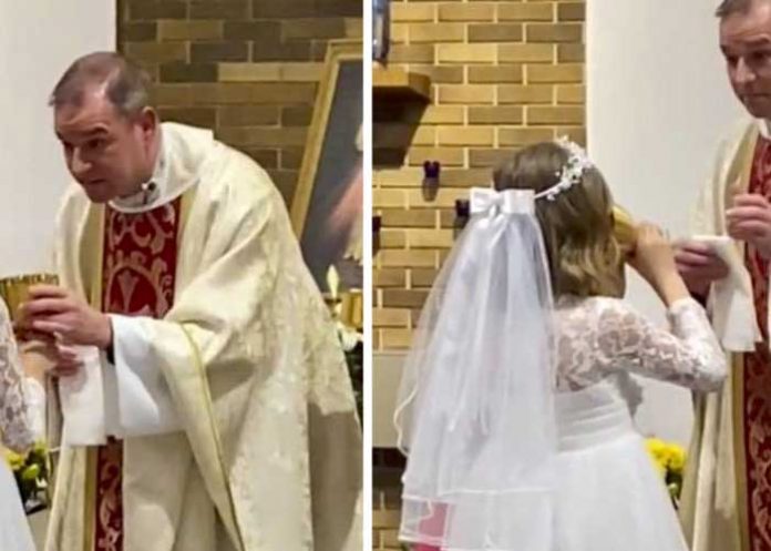 ¡Tranquila niña! Niña se pone nerviosa en primera comunión y se toma todo el vino