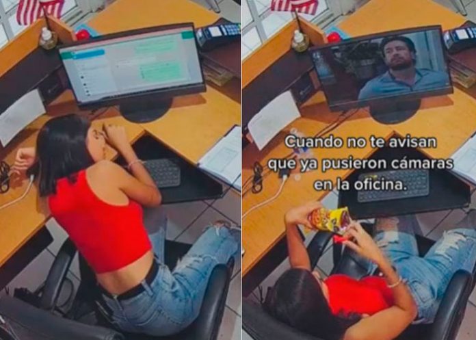 Joven hay una cámara: La captan viendo novela y durmiendo en su trabajo