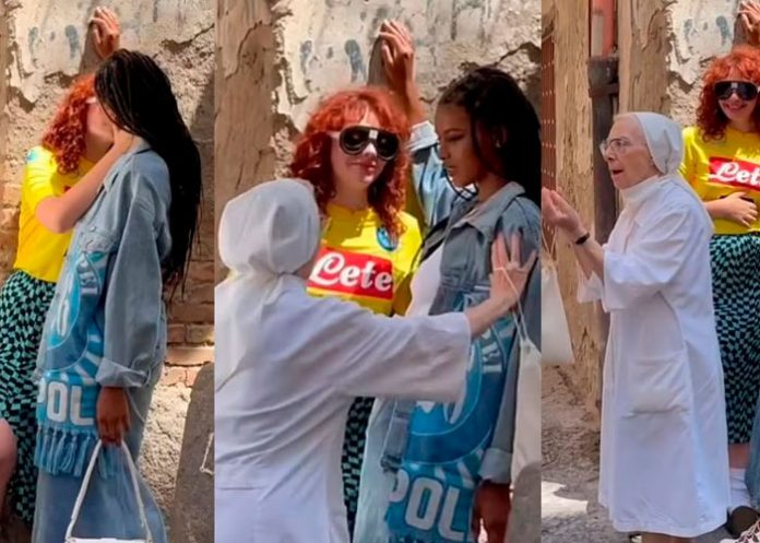 Monja interrumpió una sesión de fotos de dos modelos que se besaban