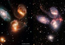 Diferencias entre las imágenes del telescopio James Webb vs. las del Hubble El quinteto de Stephan, fue registrada en 2009 por el telescopio Hubble (a la izquierda). Recientemente, volvió a ser capturada por el Webb.