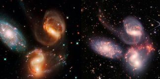 El quinteto de Stephan, fue registrada en 2009 por el telescopio Hubble (a la izquierda). Recientemente, volvió a ser capturada por el Webb.