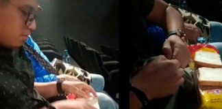 Joven se prepara un sándwich en plena sala de cine