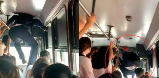 ¿Se te hizo muy tarde? Tremenda manera de bajarse de un bus lleno