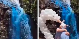 En la polémica: Pintaron una cascada para anunciare sexo de su bebé