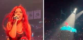 Karol G en un Ferrari desde el cielo en su gira ‘Strip Love Tour’