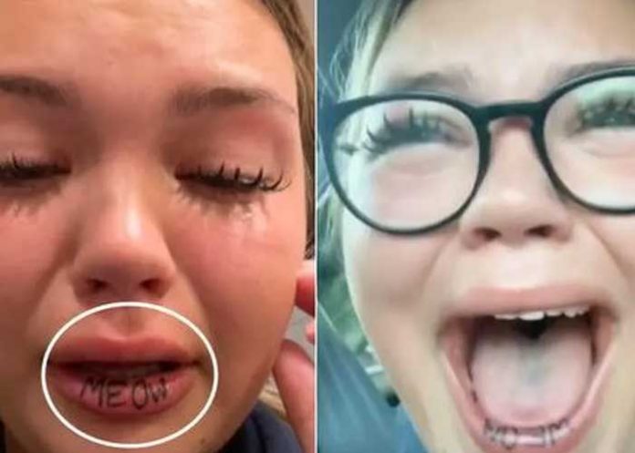 1 Mujer llora luego que le realizaran el tatuaje de manera equivocada