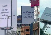 Suplica perdón con llamativos carteles «Perdóname, Laura. Fui un idiota» «Laura: Ella y yo solo somos amigos. Créeme, por favor”