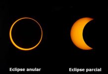 Hermoso eclipse solar con el Sol, la Luna y la Tierra alineados Eclipse solar parcial con el Sol, la Luna y la Tierra alineados