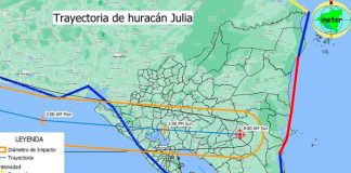 Mapa de la trayectoria del Huracán Julia por Nicaragua