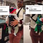 Digno de aplaudir: Hombre carga a su bebé y a su perrito en cangurera Hombre carga a su bebé y a su perrito en cangurera