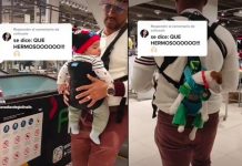 Hombre carga a su bebé y a su perrito en cangurera