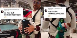 Hombre carga a su bebé y a su perrito en cangurera