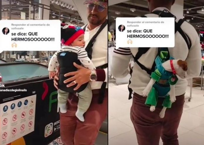 Hombre carga a su bebé y a su perrito en cangurera