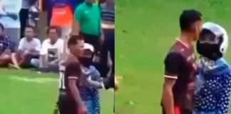 ¿Andaba sin permiso? Mujer entra a la cancha de fútbol y saca a su pareja