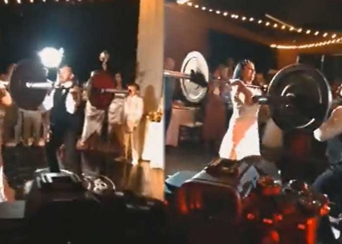 Recién casados hacen ejercicio en plena boda