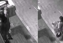 Al estilo «El Grinch» ladrón se roba los adornos y un muñeco de Santa Claus Graban a ladrón robando adornos navideños en una casa