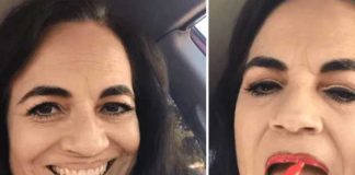 “A falta de labial” señora se maquilla con marcador rojo
