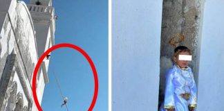 ¡De película! Niño vestido de ángel es bajado de una torre (Video)