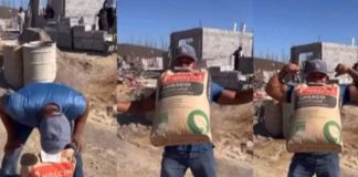 ¡De no creer! Albañil es viral por cargar bolsa de cemento con los dientes