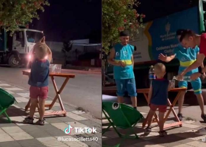 Niño esperó a recolectores de basura para ofrecerles de tomar