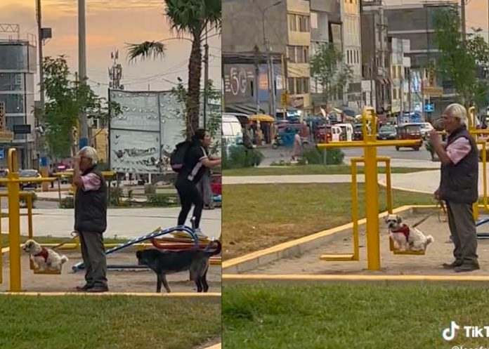 Abuelito mayor sale a columpiar a su perrito