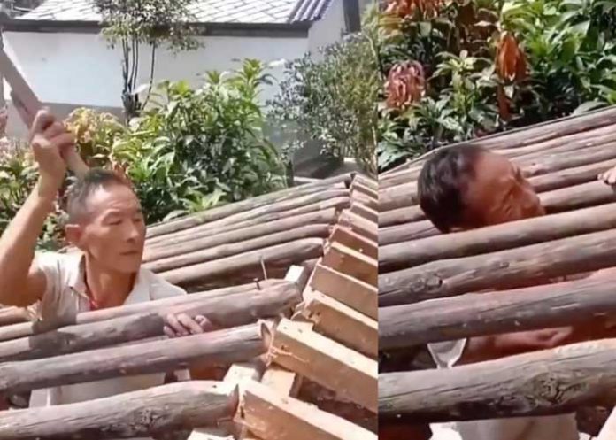 ¡Inteligente! Terminó de construir la casa, pero se quedó trabado en el techo