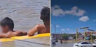 ¡Qué finos! Captan a niños dándose un “chapuzón” en calle inundada
