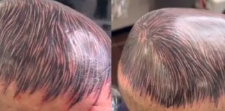 ¡Clase loquera! Se tatúa "cabello" en la pelona para ocultar su calvicie (VIDEO)