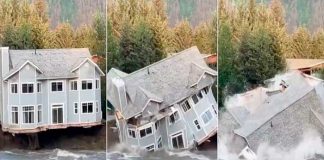 Una casa se desploma sobre un río en medio de las inundaciones en EE.UU