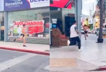 Amante es perseguido en calzoncillos en la calles, por un celoso esposo Hombre furioso corre tras el amante de su esposa y en calzoncillos