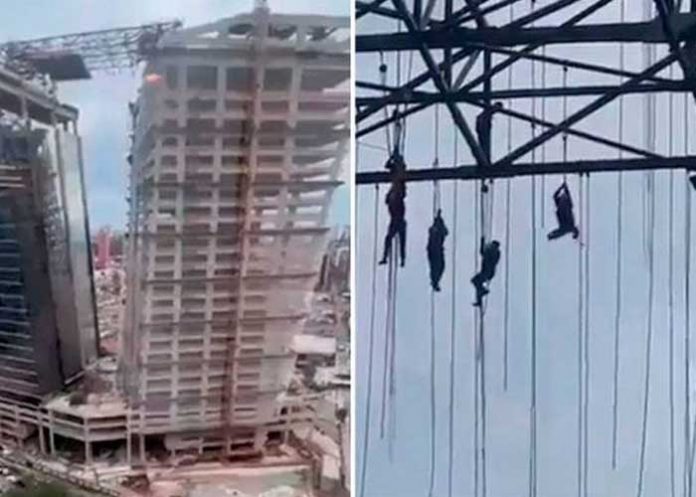 Tras desplome en edificio obreros de construcción quedan colgados