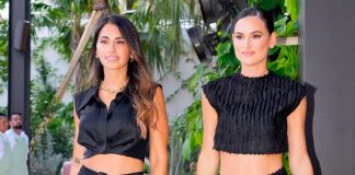 Roccuzzo lució un conjunto de la marca que incluía un crop top de seda